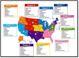 Color-coded map of U.S. disasters by region